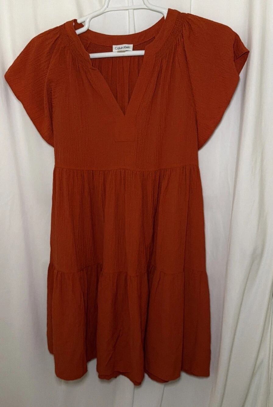 Calvin Klein Gauze Split Neck Tiered Swing Dress - Size 14